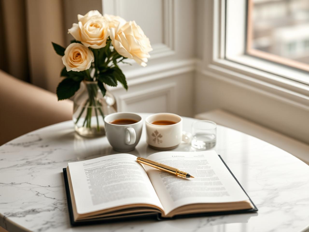 An open journal with a gold pen beside roses and coffee